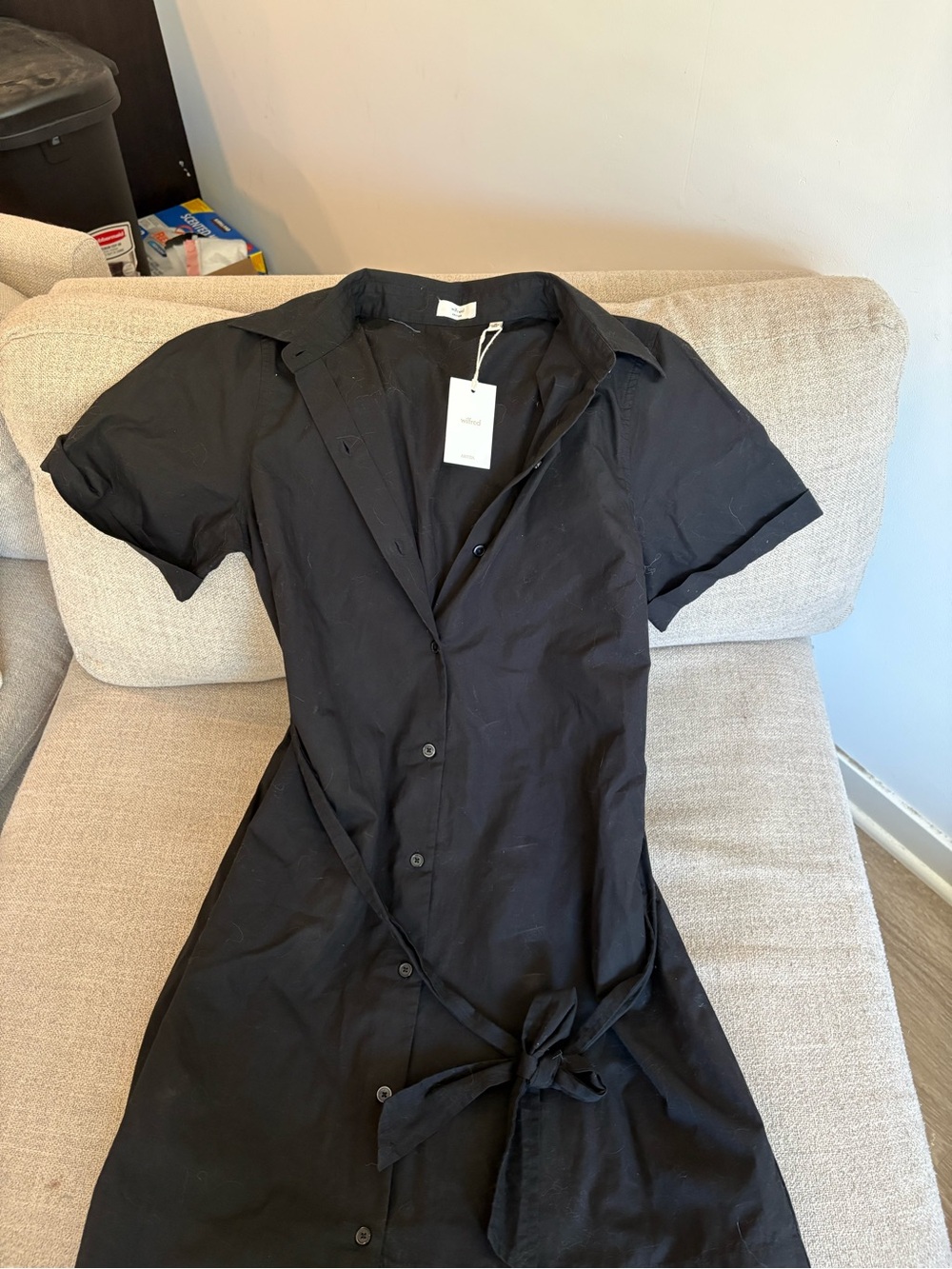Aritzia Black Short-Sleeve Button Midi Dress with Tie Waist